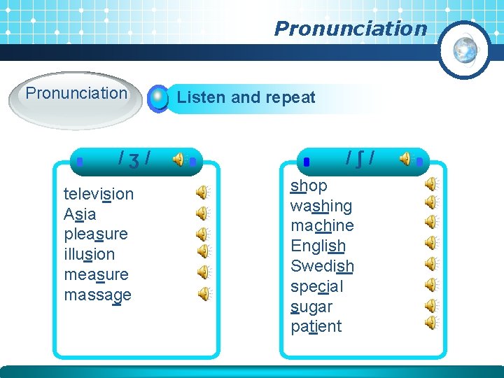 Pronunciation /ʒ/ television Asia pleasure illusion measure massage Listen and repeat /ʃ/ shop washing Pronunciation /ʒ/ television Asia pleasure illusion measure massage Listen and repeat /ʃ/ shop washing