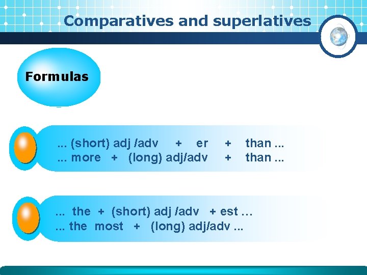 Comparatives and superlatives Formulas . . . (short) adj /adv + er. . . Comparatives and superlatives Formulas . . . (short) adj /adv + er. . .