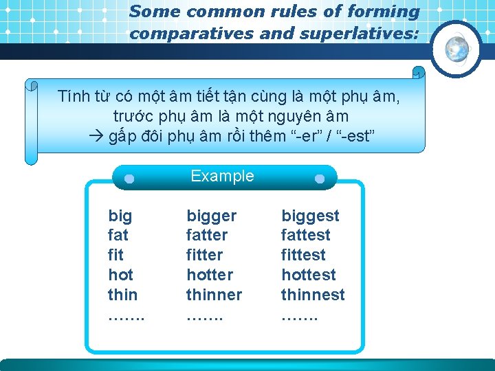Some common rules of forming comparatives and superlatives: Tính từ có một âm tiết Some common rules of forming comparatives and superlatives: Tính từ có một âm tiết