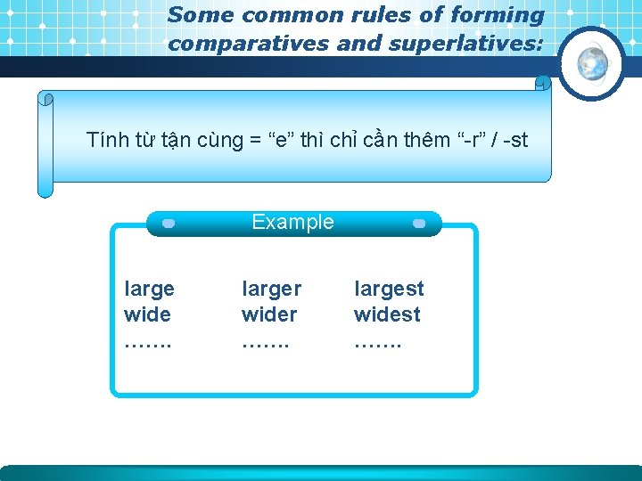 Some common rules of forming comparatives and superlatives: Tính từ tận cùng = “e” Some common rules of forming comparatives and superlatives: Tính từ tận cùng = “e”