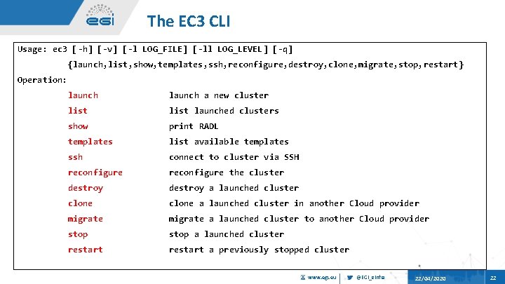 The EC 3 CLI Usage: ec 3 [-h] [-v] [-l LOG_FILE] [-ll LOG_LEVEL] [-q]