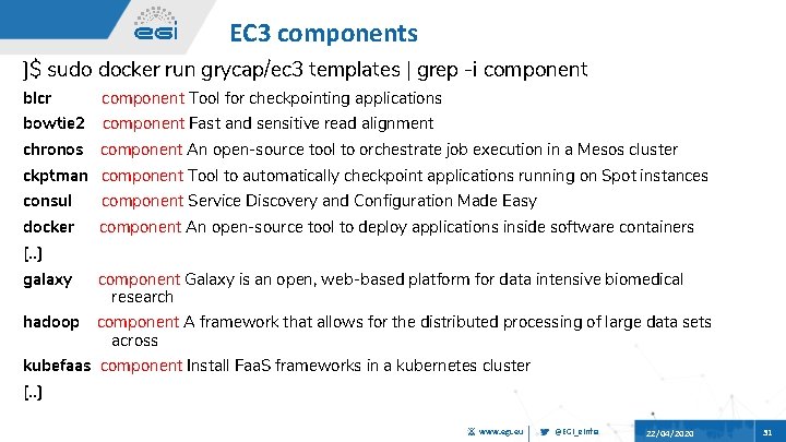 EC 3 components ]$ sudo docker run grycap/ec 3 templates | grep -i component