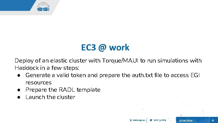 EC 3 @ work Deploy of an elastic cluster with Torque/MAUI to run simulations