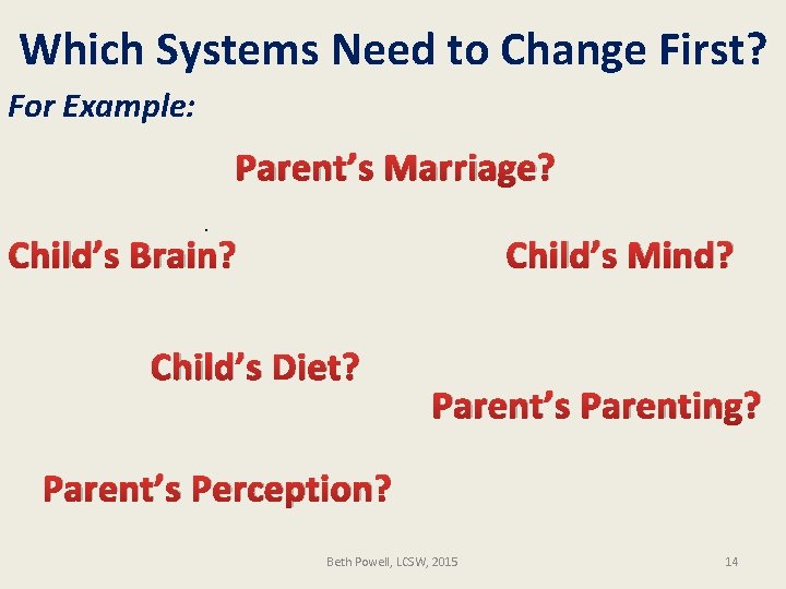 Which Systems Need to Change First? For Example: Parent’s Marriage? . Child’s Mind? Child’s
