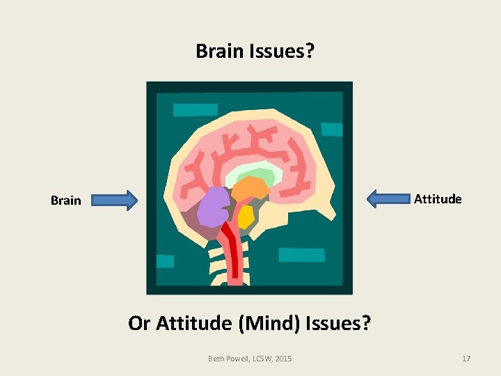 Brain Issues? Attitude Brain Or Attitude (Mind) Issues? Beth Powell, LCSW, 2015 17 