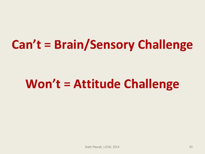 Can’t = Brain/Sensory Challenge Won’t = Attitude Challenge Beth Powell, LCSW, 2014 20 