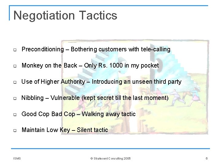 Negotiation Tactics q Preconditioning – Bothering customers with tele-calling q Monkey on the Back