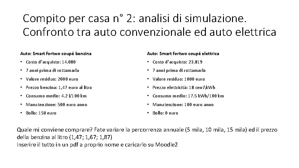 Compito per casa n° 2: analisi di simulazione. Confronto tra auto convenzionale ed auto