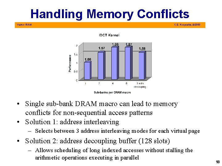 Handling Memory Conflicts Vector IRAM C. E. Kozyrakis, 8/2000 • Single sub-bank DRAM macro