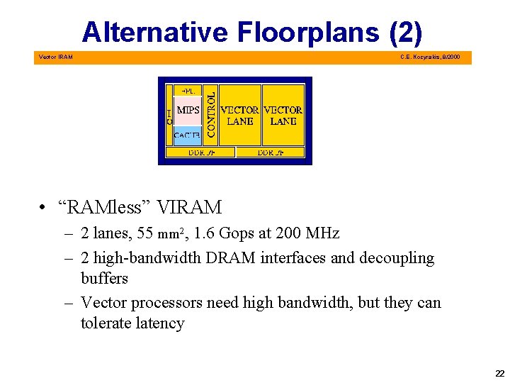 Alternative Floorplans (2) Vector IRAM C. E. Kozyrakis, 8/2000 • “RAMless” VIRAM – 2