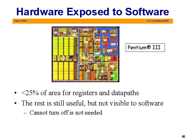 Hardware Exposed to Software Vector IRAM C. E. Kozyrakis, 8/2000 Pentium® III • <25%