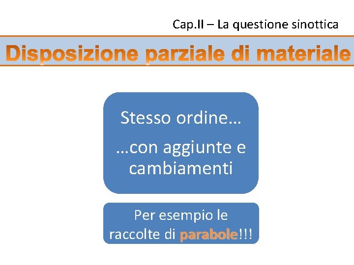 Cap. II – La questione sinottica Stesso ordine… …con aggiunte e cambiamenti Per esempio