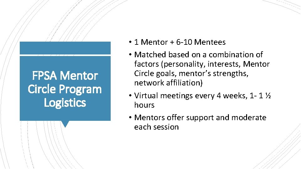 FPSA Mentor Circle Program Logistics • 1 Mentor + 6 -10 Mentees • Matched