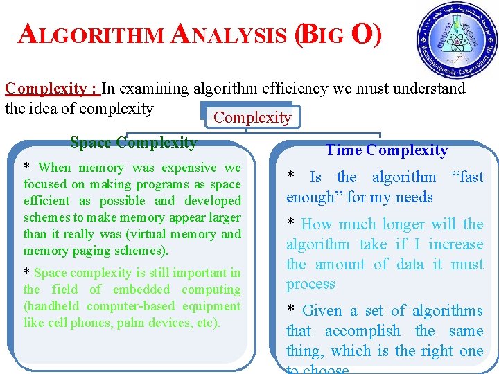 ALGORITHM ANALYSIS (BIG O) Complexity : In examining algorithm efficiency we must understand the