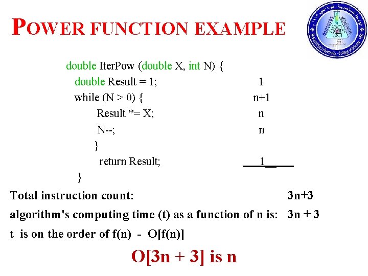 POWER FUNCTION EXAMPLE double Iter. Pow (double X, int N) { double Result =