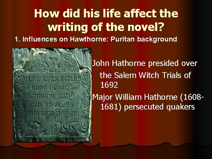 How did his life affect the writing of the novel? 1. Influences on Hawthorne: