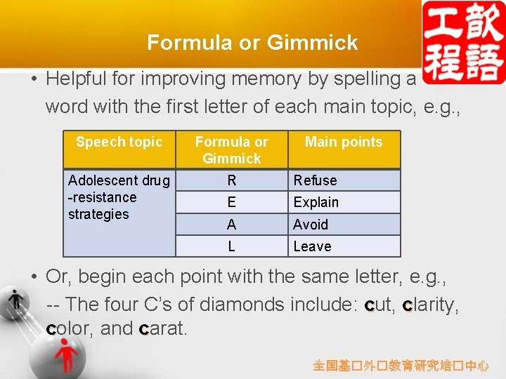 Formula or Gimmick • Helpful for improving memory by spelling a word with the