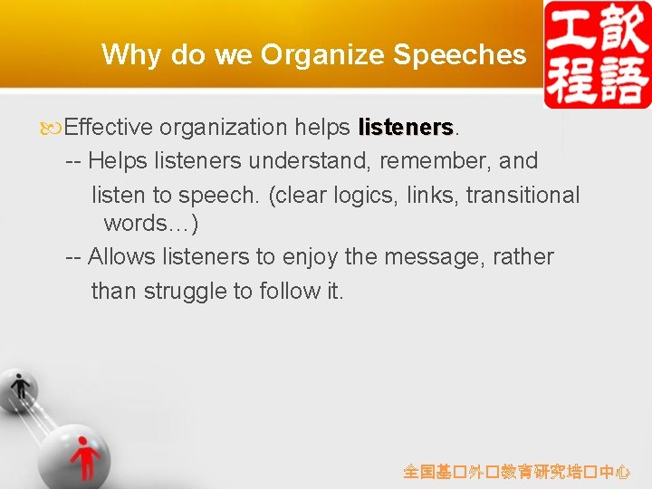 Why do we Organize Speeches Effective organization helps listeners -- Helps listeners understand, remember,