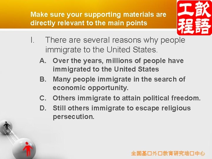 Make sure your supporting materials are directly relevant to the main points I. There