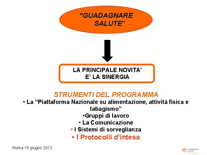 “GUADAGNARE SALUTE” SALUTE LA PRINCIPALE NOVITA’ E’ LA SINERGIA STRUMENTI DEL PROGRAMMA • La