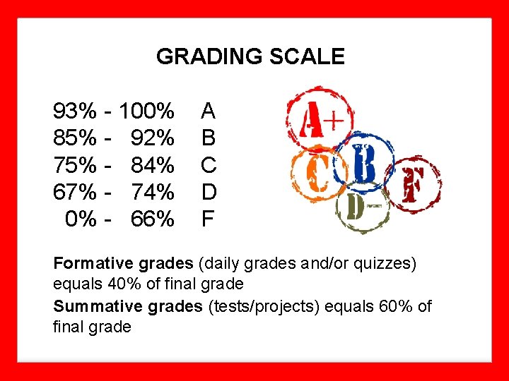 GRADING SCALE 93% - 100% A 85% - 92% B 75% - 84% C