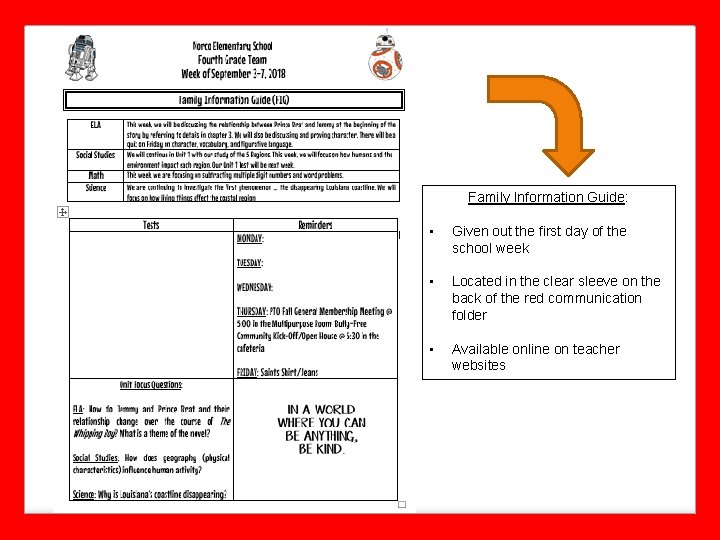 Family Information Guide: • Given out the first day of the school week •