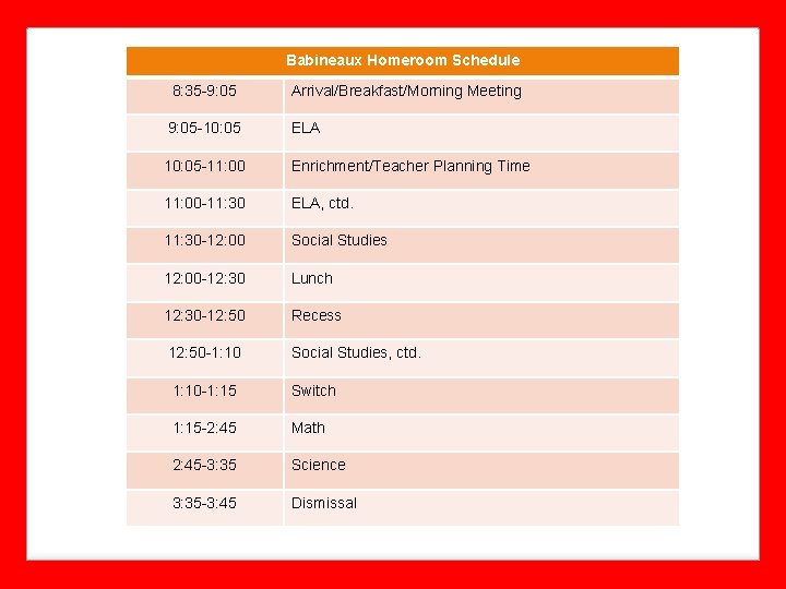 Babineaux Homeroom Schedule 8: 35 -9: 05 Arrival/Breakfast/Morning Meeting 9: 05 -10: 05 ELA