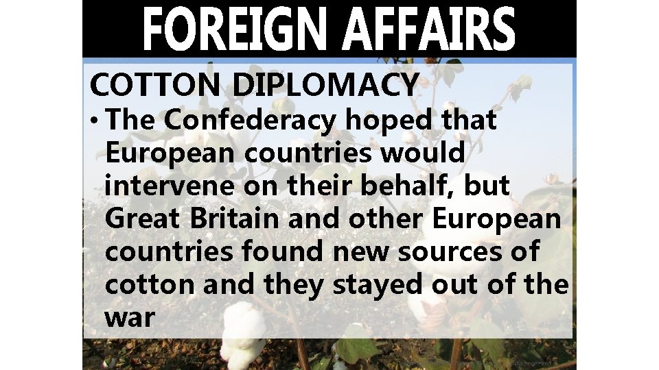 COTTON DIPLOMACY • The Confederacy hoped that European countries would intervene on their behalf,