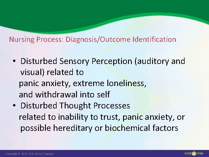Nursing Process: Diagnosis/Outcome Identification • Disturbed Sensory Perception (auditory and visual) related to panic