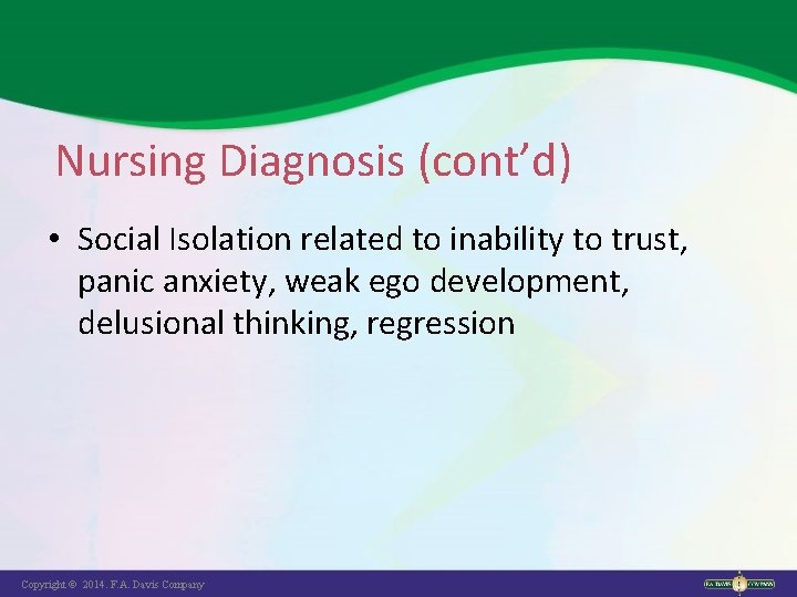 Nursing Diagnosis (cont’d) • Social Isolation related to inability to trust, panic anxiety, weak