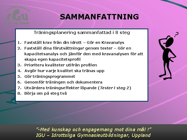 SAMMANFATTNING Träningsplanering sammanfattad i 8 steg 1. Fastställ krav från din idrott – Gör