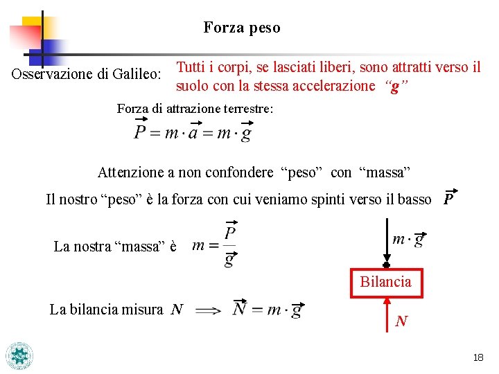 Forza peso Osservazione di Galileo: Tutti i corpi, se lasciati liberi, sono attratti verso