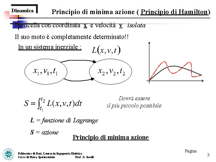 Dinamica Principio di minima azione ( Principio di Hamilton) Particella con coordinata x e