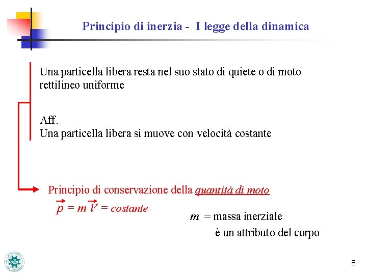 Principio di inerzia - I legge della dinamica Una particella libera resta nel suo