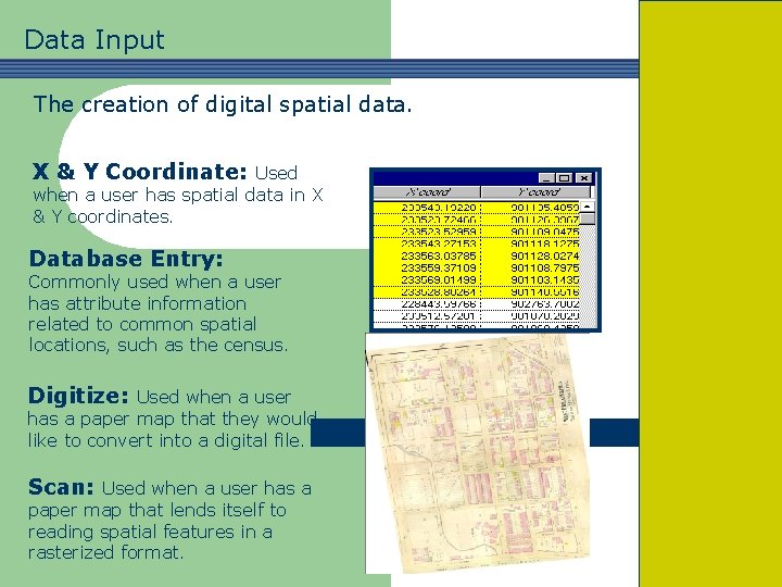 Data Input The creation of digital spatial data. X & Y Coordinate: Used when