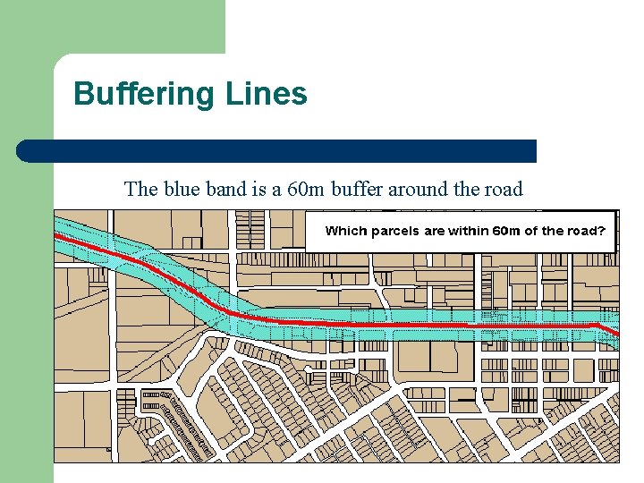 Buffering Lines The blue band is a 60 m buffer around the road 