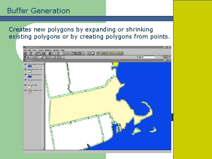 Buffer Generation Creates new polygons by expanding or shrinking existing polygons or by creating