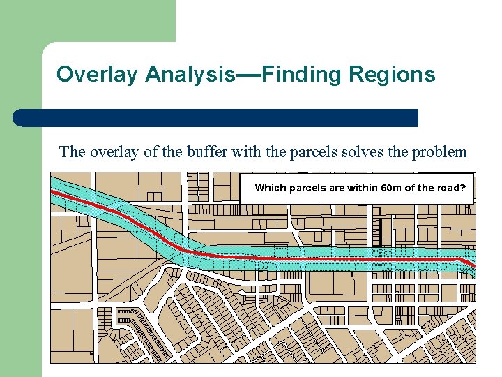 Overlay Analysis—Finding Regions The overlay of the buffer with the parcels solves the problem