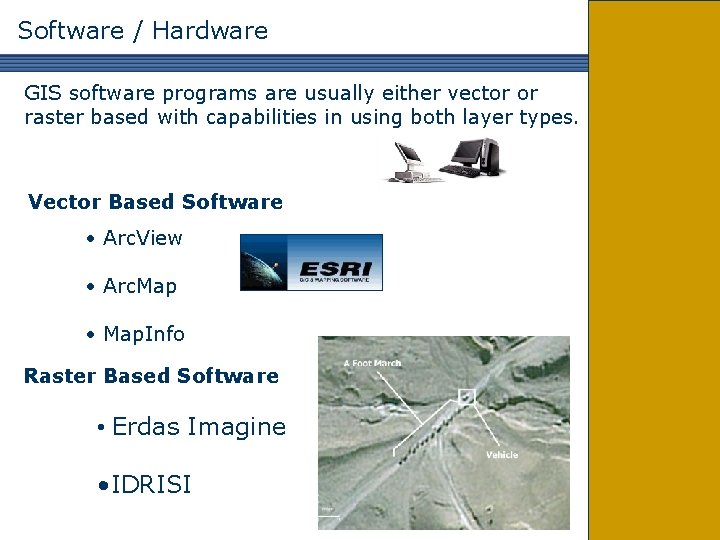 Software / Hardware GIS software programs are usually either vector or raster based with