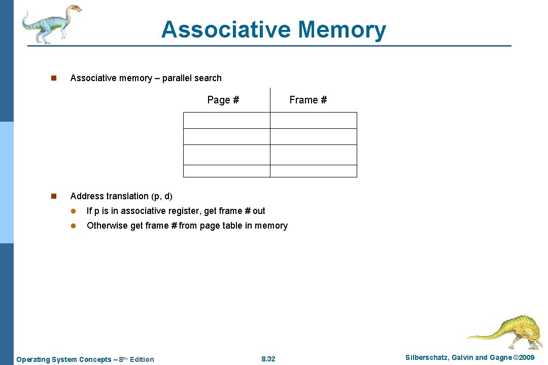 Associative Memory n Associative memory – parallel search Page # n Frame # Address