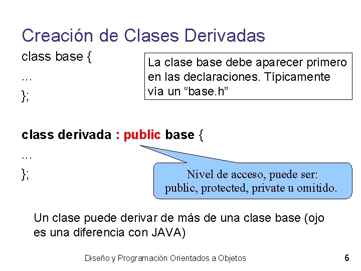 Creación de Clases Derivadas class base {. . . }; La clase base debe