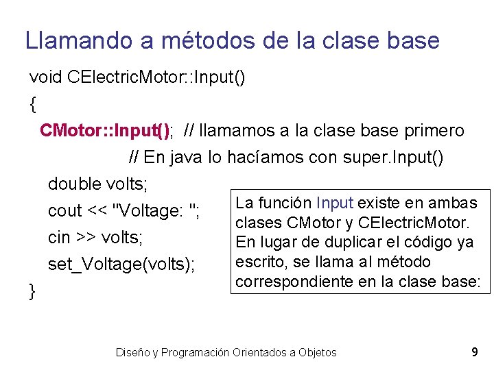 Llamando a métodos de la clase base void CElectric. Motor: : Input() { CMotor: