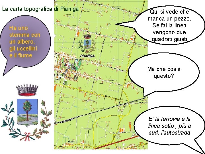 La carta topografica di Pianiga Ha uno stemma con un albero, gli uccellini e