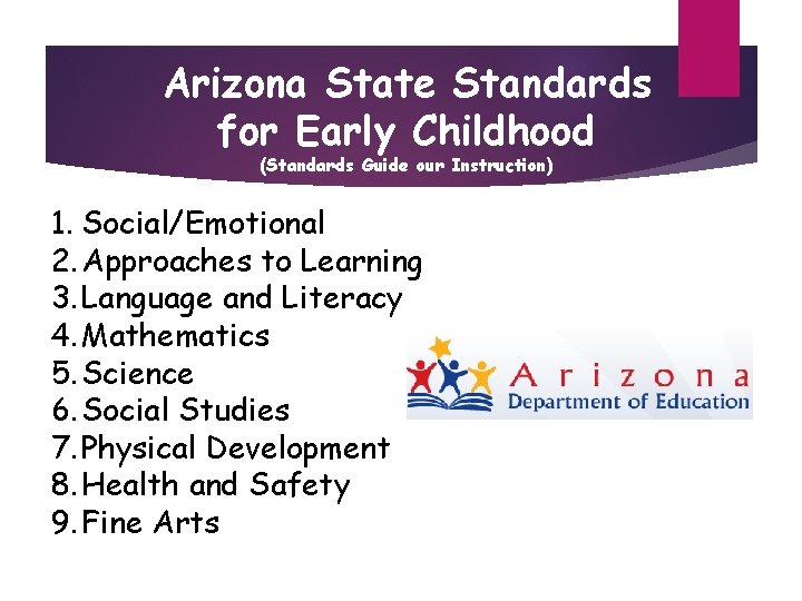 Arizona State Standards for Early Childhood (Standards Guide our Instruction) 1. Social/Emotional 2. Approaches