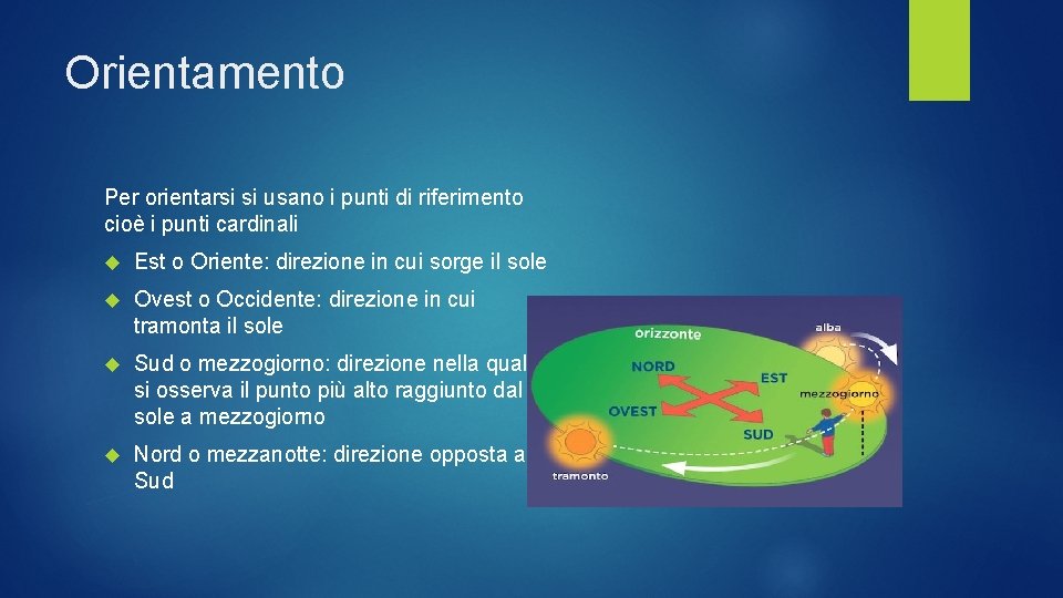 Orientamento Per orientarsi si usano i punti di riferimento cioè i punti cardinali Est