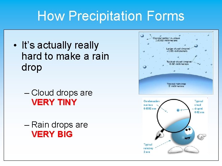 How Precipitation Forms • It’s actually really hard to make a rain drop –