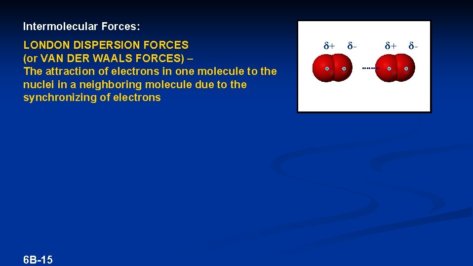 Intermolecular Forces: LONDON DISPERSION FORCES (or VAN DER WAALS FORCES) – The attraction of