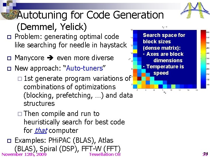 Autotuning for Code Generation (Demmel, Yelick) o Problem: generating optimal code like searching for