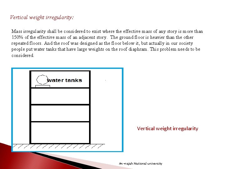 Vertical weight irregularity: Mass irregularity shall be considered to exist where the effective mass