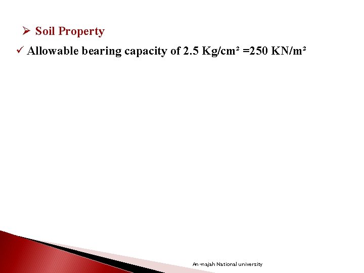 Ø Soil Property ü Allowable bearing capacity of 2. 5 Kg/cm² =250 KN/m² An-najah